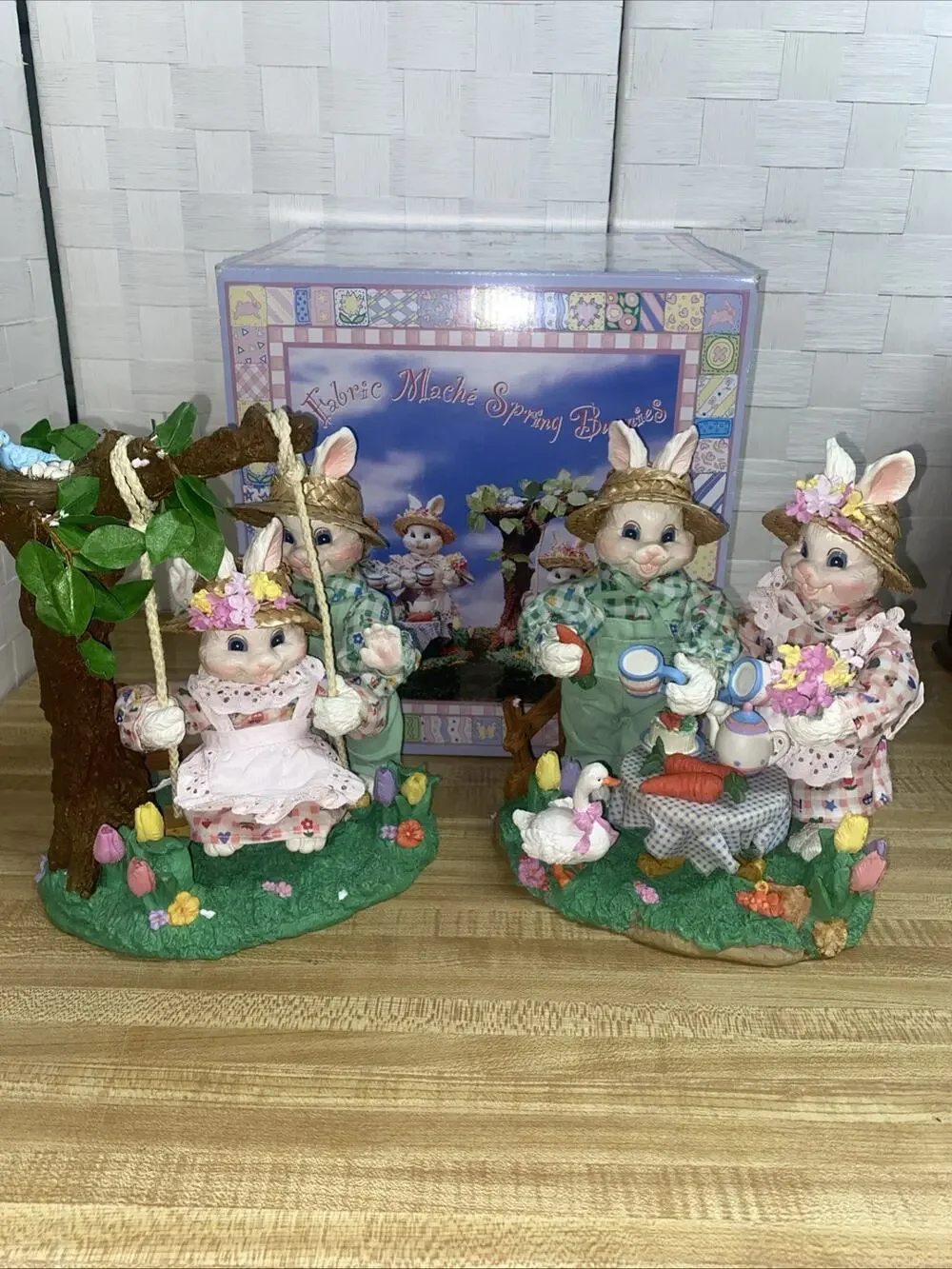 Easter Bunny Rabbits 2 Pieces Fabric Mache Spring Bunnies Hand Crafted 4 Bunnies